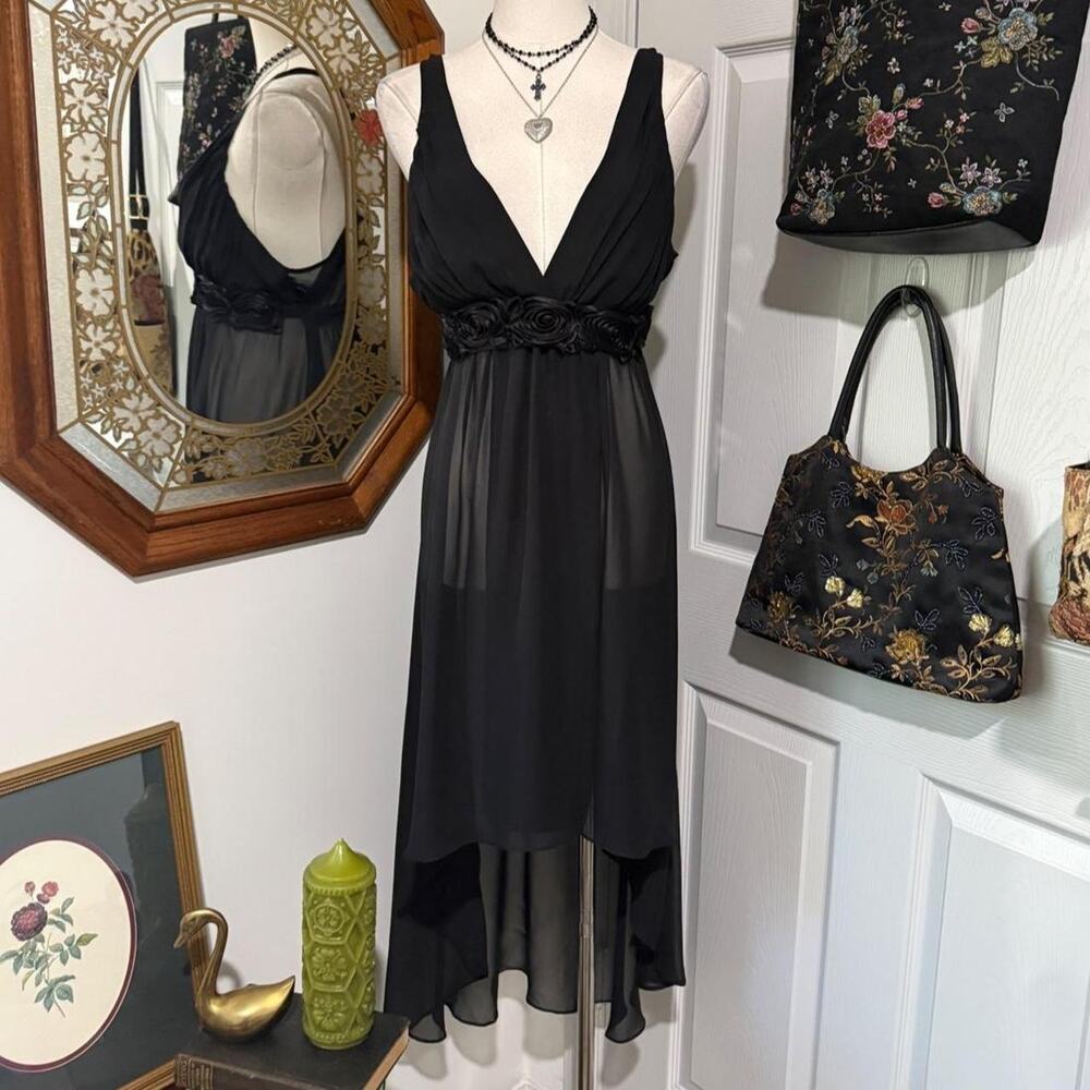 Flora Sheer Black Rosette Embellished Plunging Neckline High Low Slip Dress M